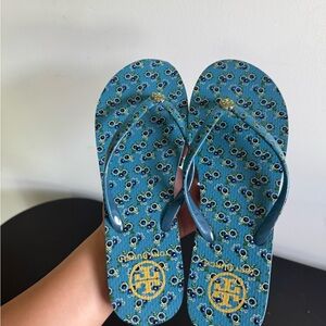 Tory Burch Teal Floral Flip Flops
